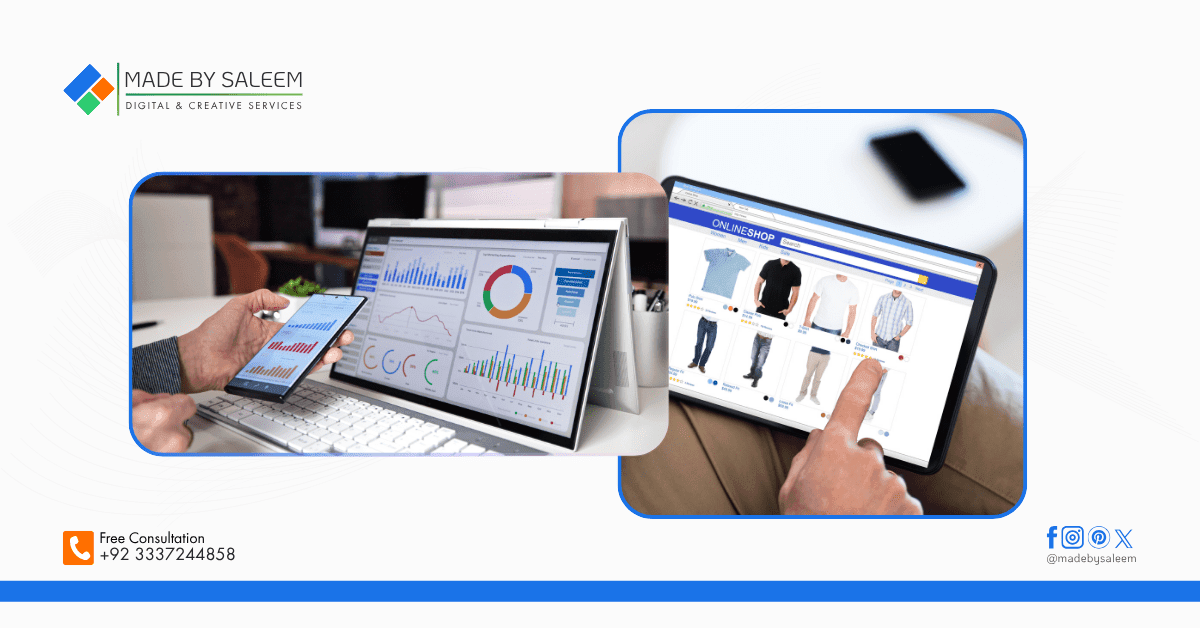 Ecommerce product data management spreadsheet dashboard with organized SKUs and charts