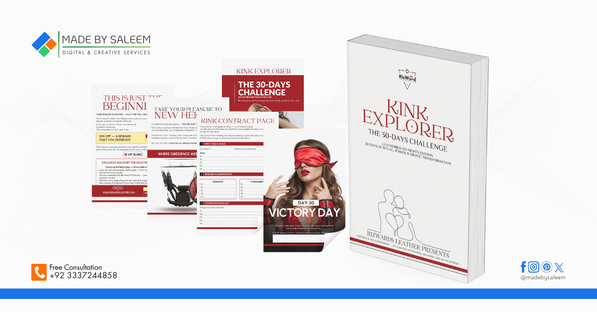 Editable interactive PDF design with branding visuals and storytelling layout for Kink Explorer campaign