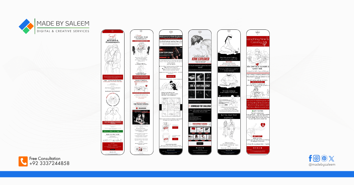 Premium email marketing series design using elegant line art and storytelling visuals for UK leather brand