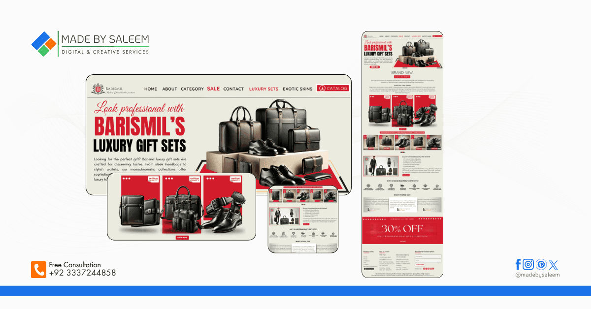 Luxury gift landing page design for Barismil Leather showcasing handmade leather products