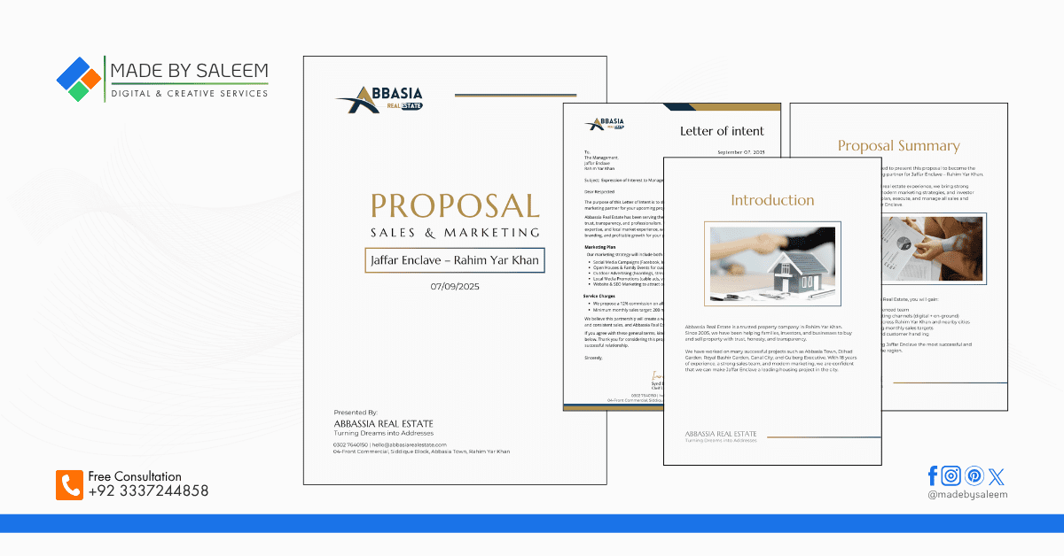Real estate sales and marketing proposal design with data charts and professional layout for Abbasia Real Estate