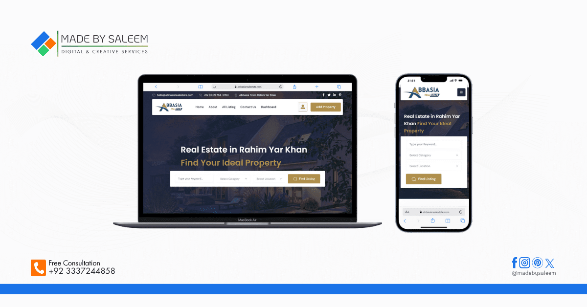 Real estate WordPress website with property listings and contact CTAs for Abbasia Real Estate